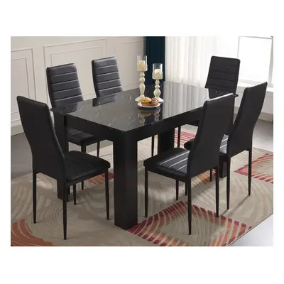 ((140cm Black Marble Table & Black Chairs)) Wooden Dining Table and Chairs 4/6 Set Pu Leather Se