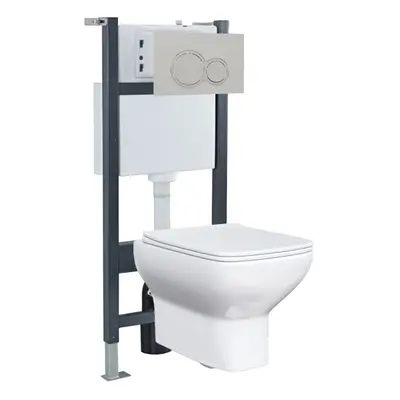 Nes Home White Square Wall Hung Toilet With Frame & Round Button Flush Plate