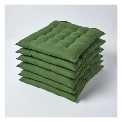 (Set of 6, Dark Olive) Plain Seat Pad with Button Straps 100% Cotton