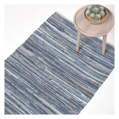 (150 x cm) Blue Denim Handwoven Striped Chindi Rug