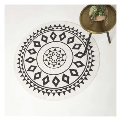 (120cm Round) Lia White & Black Mandala Handoven Cotton Rug