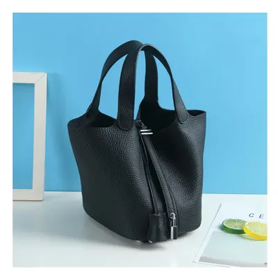 (Black (head layer cowhide), large) New Litchi Pattern Casual Dish, Bag Leather, Fashion Versati