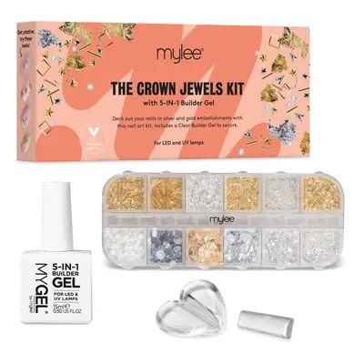 Crown Jewels Nail Art Kit, 12-Piece Set + in Clear Builder Gel, Silver & Gold Decorations, Metal