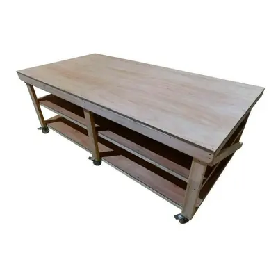 (8ft, Legs With Wheels) Wooden Workbench Double Shelf Eucalyptus Hardwood Top 3FT Wide