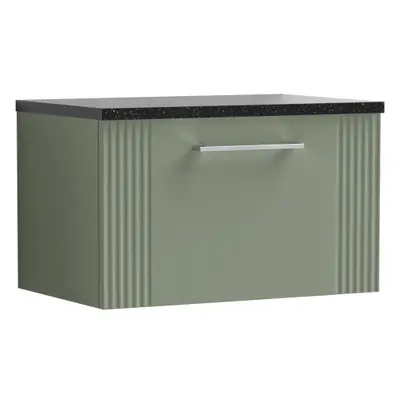 Retro Drawer Wall Hung Vanity Unit with Sparkling Black Laminate Worktop - 600mm - Satin Green -