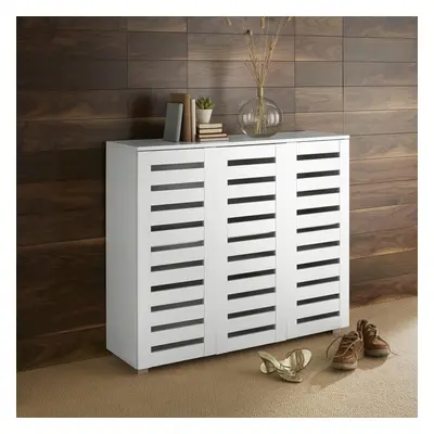 (White) Home Source Oslo Door Slatted Shoe Cabinet Storage Unit