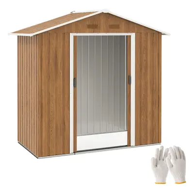 Outsunny 6.5x3.5ft Metal Garden Shed for Garden, Brown Wood Effect