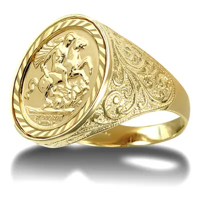 (W) Jewelco London Men's Solid 9ct Gold Floral Engraved St George & Dragon Medallion Ring (Full 