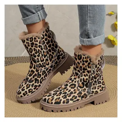 (as the picture, 40) Womens/ladies Non Slip Warm Fur Lined Winter Booties Fashion Leopard Patter