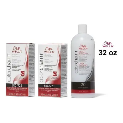 (8RG(2)+Dev(Vol.20)32oz) Wella 8RG Titian Red Blonde Color Charm Permanent Liquid Haircolor