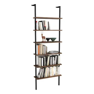 (Burnt Oak) 6-Shelf Wall Mounted Wooden Bookshelf