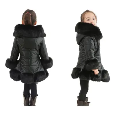 (Black, Years) Girls Kids Winter Coat Jacket PU Puffer Fur Hooded