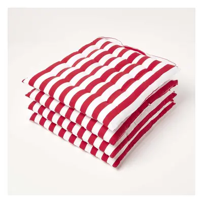 (Set of 4) Red Stripe Seat Pad with Button Straps 100% Cotton