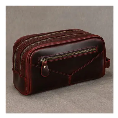 (9544 Red Brown) Genuine leather toiletry travel bag for men women black luxury style makeup bag