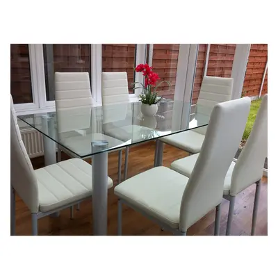 (Table with chairs) WHITE GlASS DINING TABLE WITH FAUX LEATHER CHAIRS