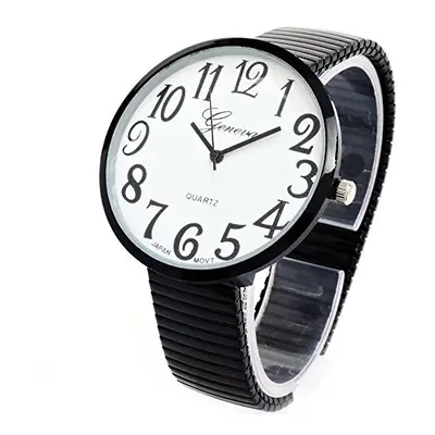 Black Super Large Face Flat Stretch Band Easy to Read Watch