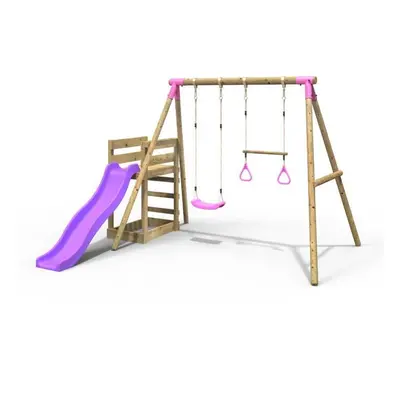 (Janus, Pink) Rebo Wooden Swing Set plus Deck & Slide