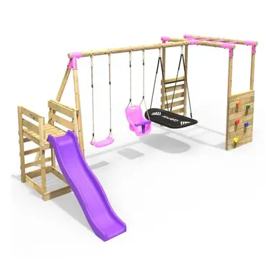 (Monkey Bars plus Deck & 6ft Slide - Halley, Pink) Rebo Wooden Children's Swing Set with Monkey 