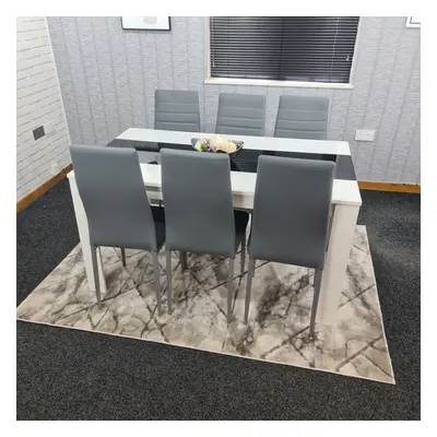 Modern White and Black Wood Dining Table With Grey Metal Chairs