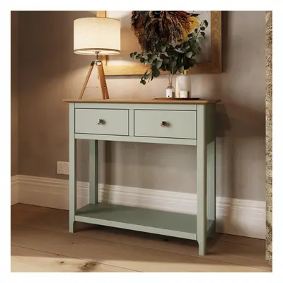 Solid Oak Drawer Console Table Sage Green Large Oak Top Painted Finish