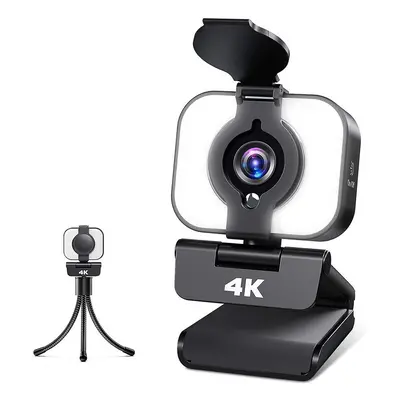 Chronus 4k Webcam with Microphone and Tripod, USB Camera with Privacy Cover, Adjustable Ring Lig