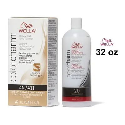 (4N+Dev(Vol.20)32oz) Wella 4N Medium Brown Color Charm Permanent Liquid Haircolor