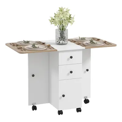 HOMCOM Folding Dining Table, Drop Leaf Table With Drawers Oak and White