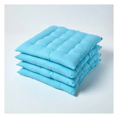 (Set of 4, Light blue) Plain Seat Pad with Button Straps 100% Cotton