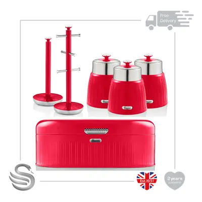 (Red) Swan Retro Towel Pole & Mug Tree, Bread Bin & Set of Canisters Stainless Steel