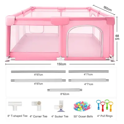 (Pink 180x150cm) Baby Playpen with Mesh Walls Ocean Balls