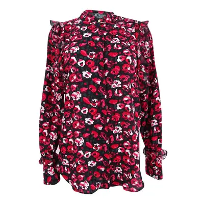 Ralph Lauren $90 Womens Red Floral Ruffled Collared Tunic Top