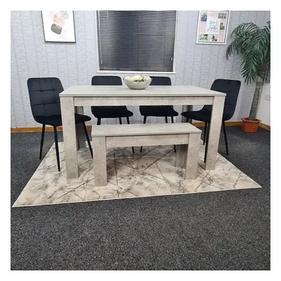 Grey Dining Table,4 Black Tufted Velvet Chairs and Bench Dining Set