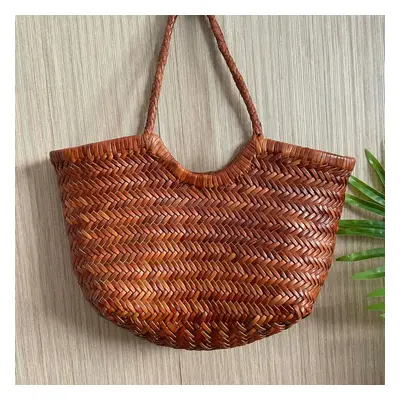 (deep brown small) Top layer cow woven bag, genuine leather French vegetable basket bag