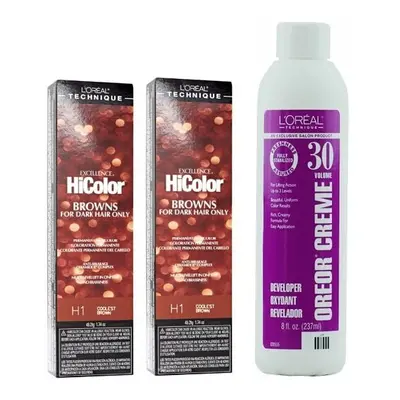 (H1+H1+Dev(Vol.30)8oz) H1 Coolest Brown L'Oreal Excellence HiColor Browns for Dark Hair Only