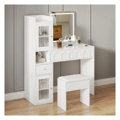 Dressing Table with Mirror and Stool, Vanity Makeup Desk with Adjustable LED Lights, Drawers and