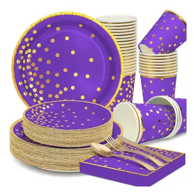 (Purple, 350PCS) Paper Plates Tableware Set,Paper Party Supplies Include Disposable Plates,Desse