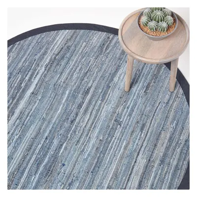 (150 cm Round) Blue Denim Handwoven Striped Chindi Rug