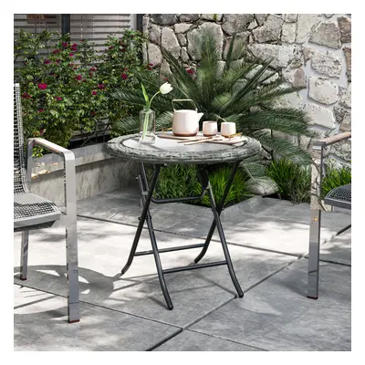 Outsunny Folding Round Tempered Glass Metal Table with Grey Rattan Edging