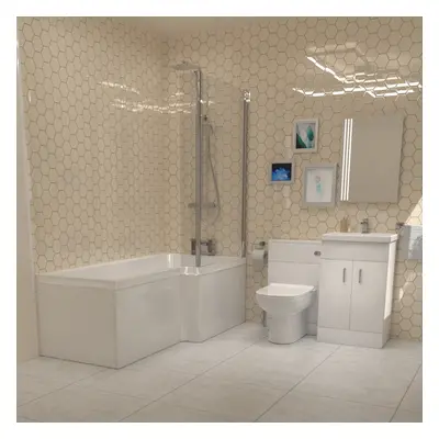 Cann L-Shaped RT Bath, Exposed Shower, White Basin Vanity, Taps, BTW Toilet