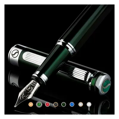 (-- British Racing Green with Chrome | Classic Pen, Medium Nib) Fountain Pen - 24K Gold Finish, 