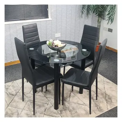 Round Black Glass Kitchen Dining Table With Storage Shelf Chairs Set