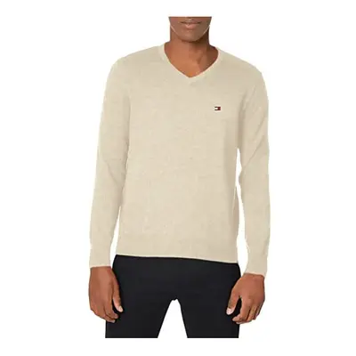 Tommy Hilfiger mens Signature Solid Vneck Sweater Beige Heather Smal