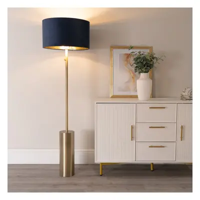 ValueLights Lexy Navy Velvet & Gold Shade Gold Dimmable Floor Lamp & Bulb