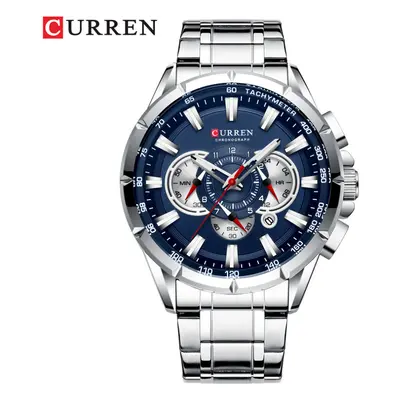 (Silver Blue ) CURREN Men Watch Causal Sport Chronograph Steel Wristwatch Date Display Watches