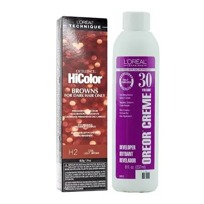 (H2+Dev(Vol.30)8oz) H2 Cool Light Brown L'Oreal Excellence HiColor Browns for Dark Hair Only