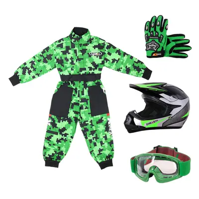 (Green, XS) ZORAX X19 Kids Motocross MX Helmet Motorbike Camo Suit Karting Gloves Goggles