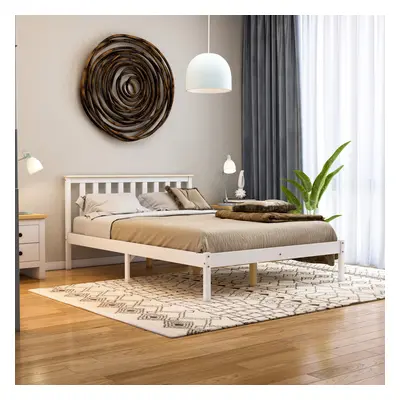 (Double, White & Pine) Milan Wood Bed Frame Low Foot Solid Pine Slatted