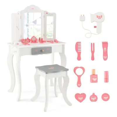 2 in Vanity Table w/ Stool Drawer & Folding Mirror Anti-tipping Kids