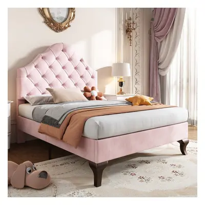 (90*190) Upholstered Single Bed with Height-adjustable Headboard, Pink