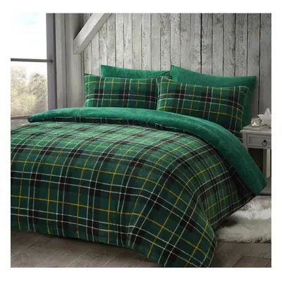 (Green, Super King ) Luxury Teddy Checked Fleece Duvet Cover Set Soft Cosy Warm Check Teddy Bedd